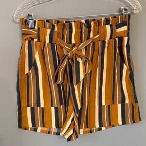 NWT High-Waist Striped Paperbag Shorts with Self-Tie - Mustard/Navy